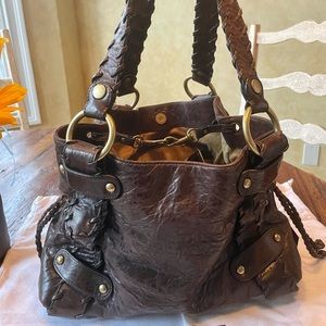 Kooba “Sienna” Whipstitch Espresso Leather Shoulder Handbag